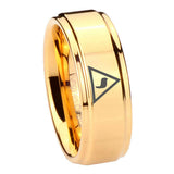 8mm Masonic Yod Step Edge Gold Mens Ring Tungsten