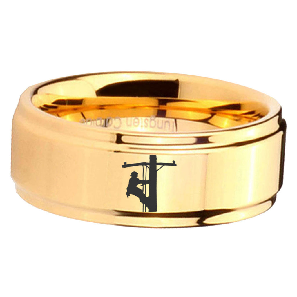 5mm Lineman Symbol Step Edge Gold Tungsten Ring For Him