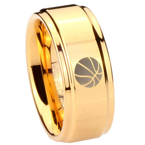 8mm Basketball Step Edge Gold Engraved Tungsten Ring