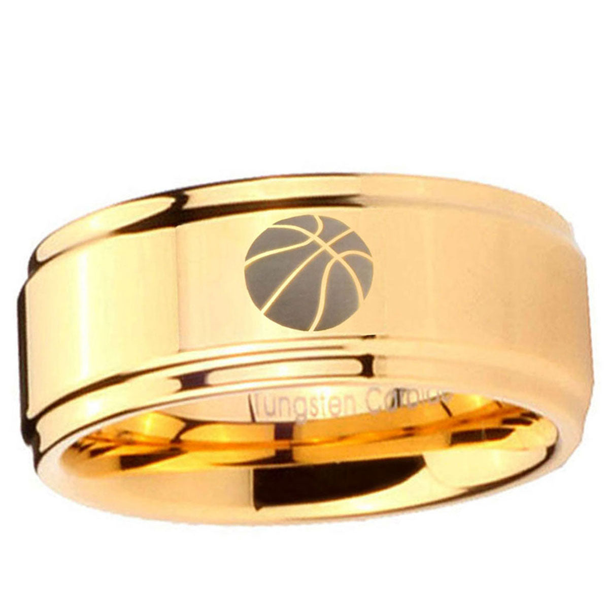 5mm Basketball Step Edge Gold Engraved Tungsten Ring