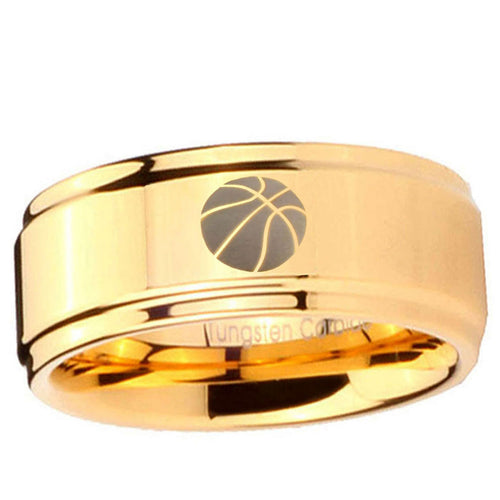 5mm Basketball Step Edge Gold Engraved Tungsten Ring