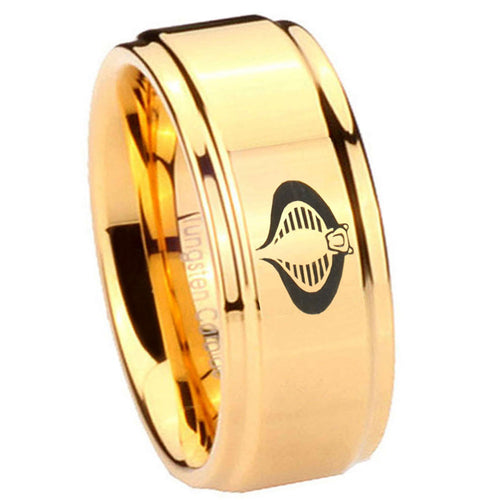 8mm Cobra Step Edge Gold Engraved Wedding Bands For Him