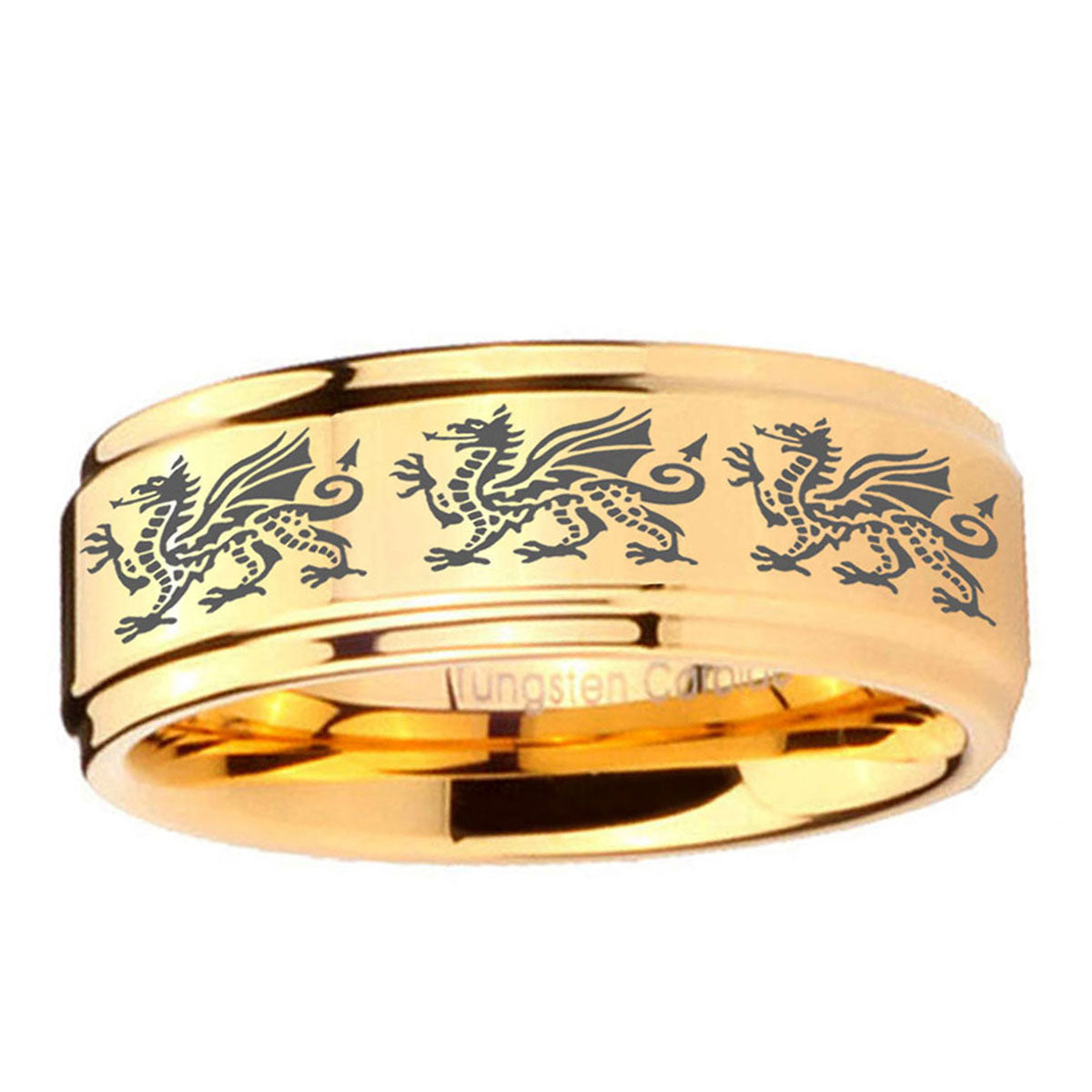 5mm Multiple Dragon Step Edge Gold Mens Ring Tungsten