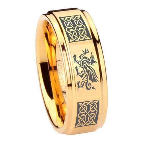 8mm Multiple Celtic Dragon Step Edge Gold Tungsten Ring