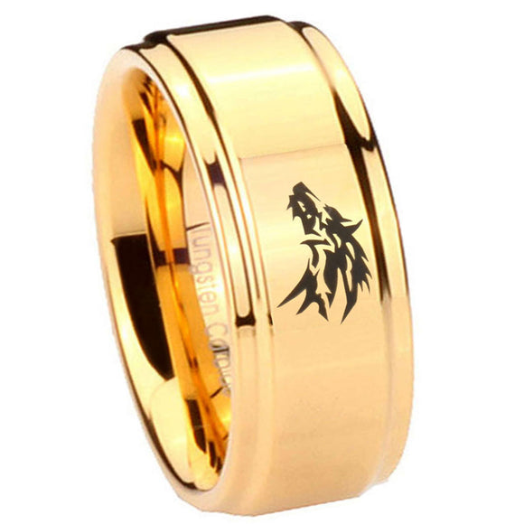 8mm Wolf Step Edge Gold Mens Ring Tungsten