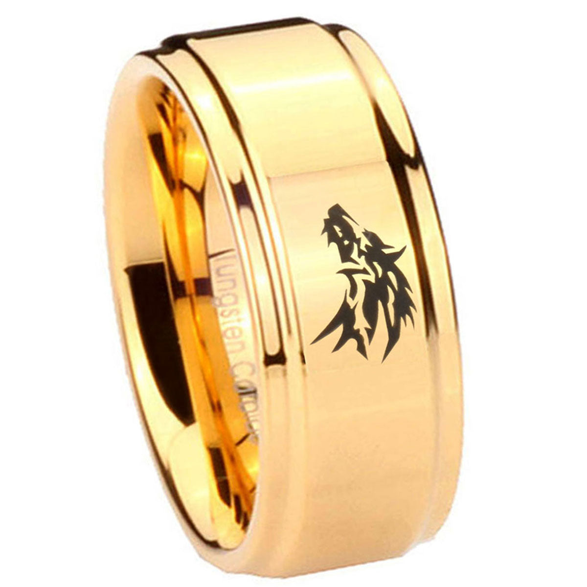 8mm Wolf Step Edge Gold Tungsten Carbide Mens Ring Tungsten