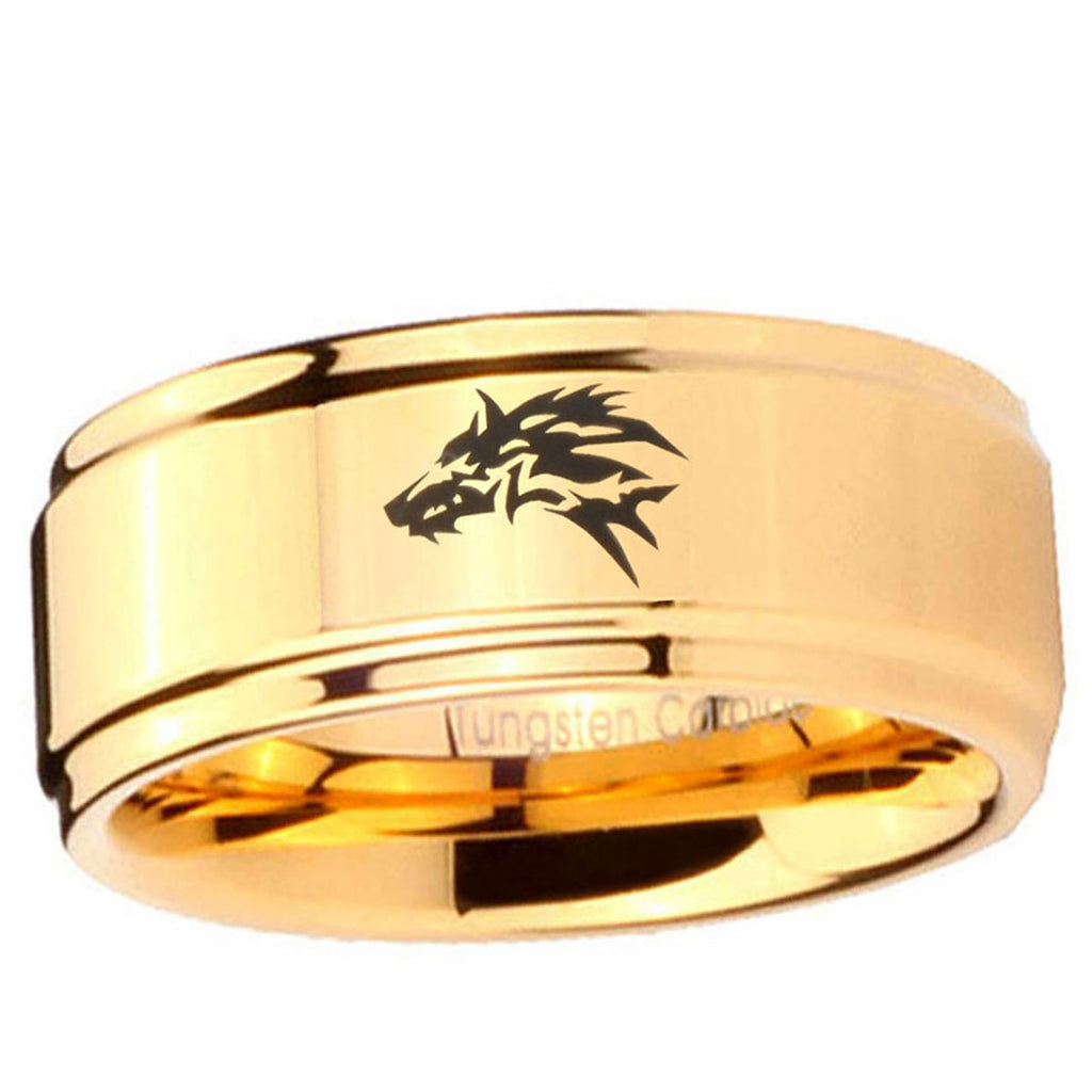 5mm Wolf Step Edge Gold Tungsten Carbide Mens Ring Tungsten