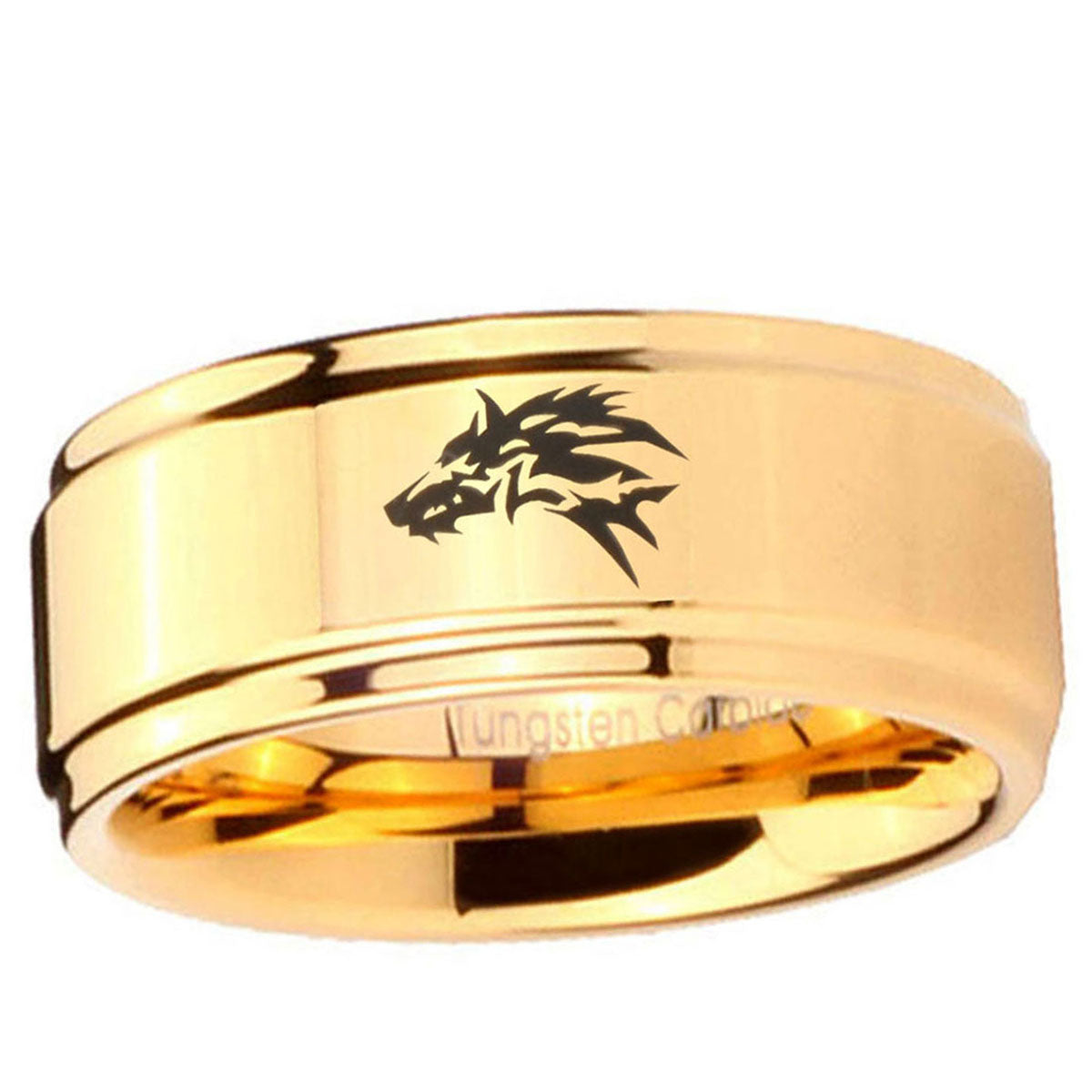 5mm Wolf Step Edge Gold Tungsten Carbide Mens Ring Tungsten