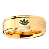 5, 8mm Marijuana Leaf Step Edge Gold Engraved Wedding Bands For Him