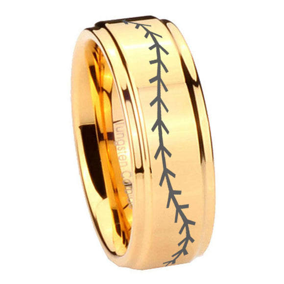 8mm Baseball Step Edge Gold Engraved Wedding Bands For Him