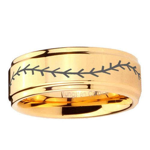 5mm Baseball Step Edge Gold Engraved Wedding Bands For Him
