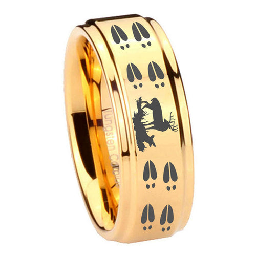 8mm Deer Hunting Tracks Step Edge Gold Tungsten Ring For Him