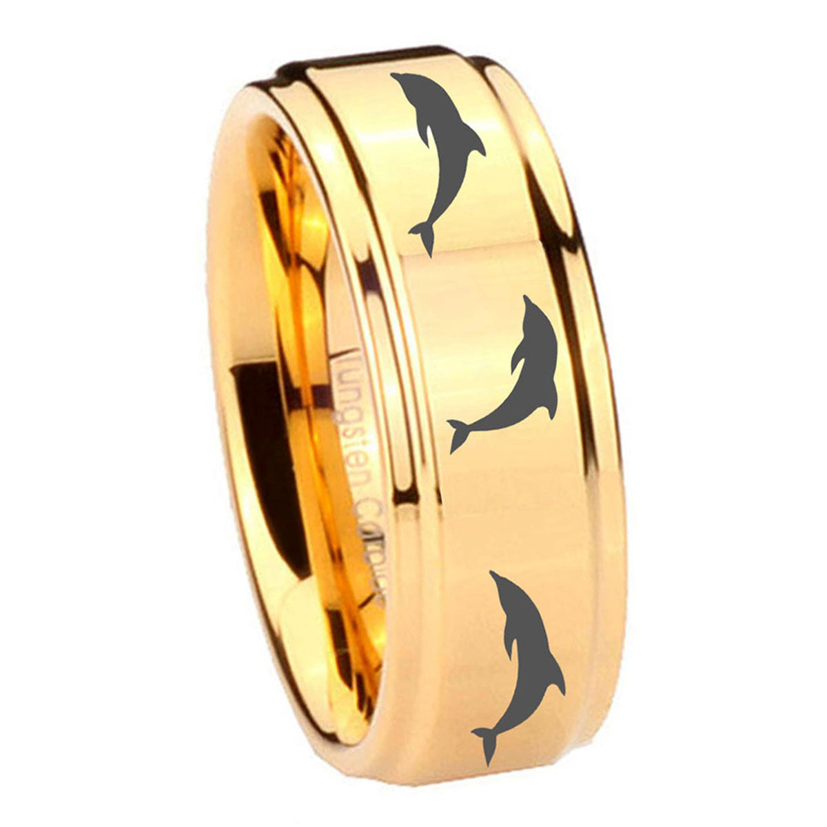 8mm Multiple Dolphins Step Edge Gold Mens Work Wedding Ring