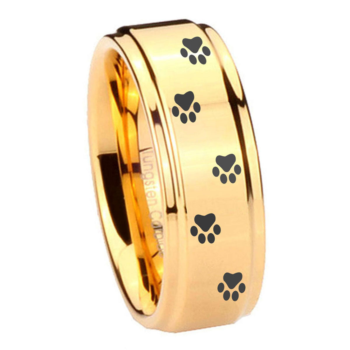 8mm Paw Print Step Edge Gold Tungsten Mens Ring