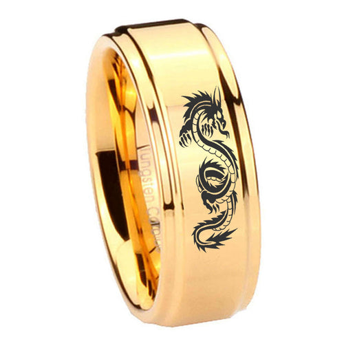 8mm Dragon Step Edge Gold Tungsten Engagement Ring For Him