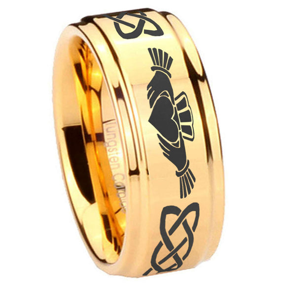 8mm Irish Claddagh Step Edge Gold Mens Ring Tungsten
