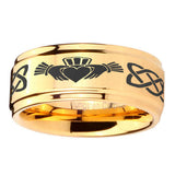 5, 8mm Irish Claddagh Step Edge Gold Mens Ring Tungsten