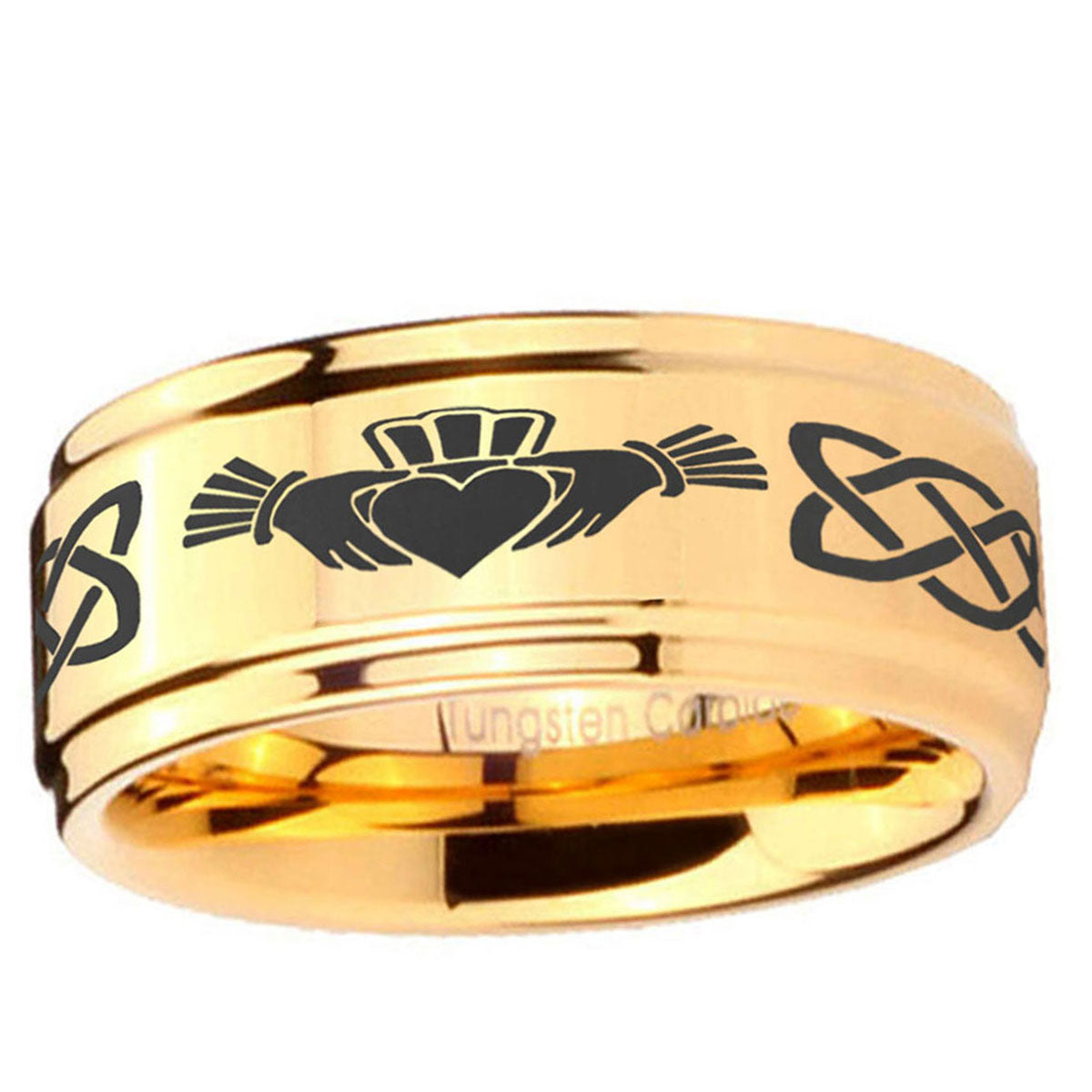 5mm Irish Claddagh Step Edge Gold Mens Ring Tungsten