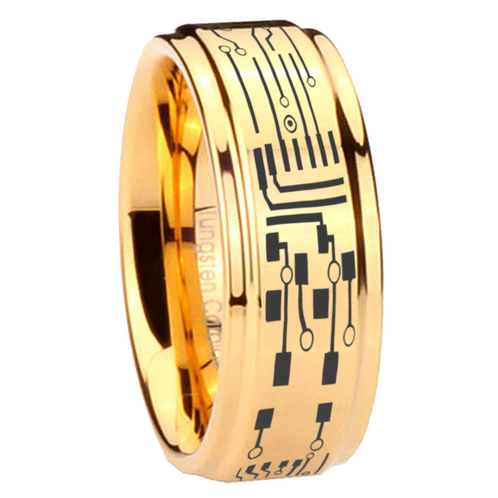 8mm Circuit Board Step Edge Gold Tungsten Ring For Him