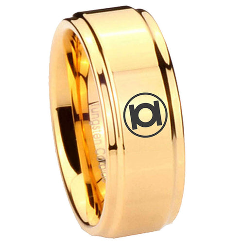 8mm Green Lantern Step Edge Gold Mens Ring Tungsten