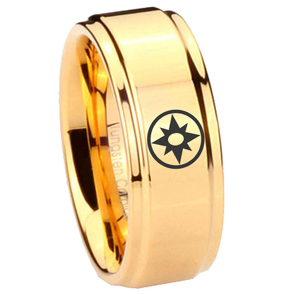8mm Star Sapphire Lantern Step Edge Gold Tungsten Ring For Him