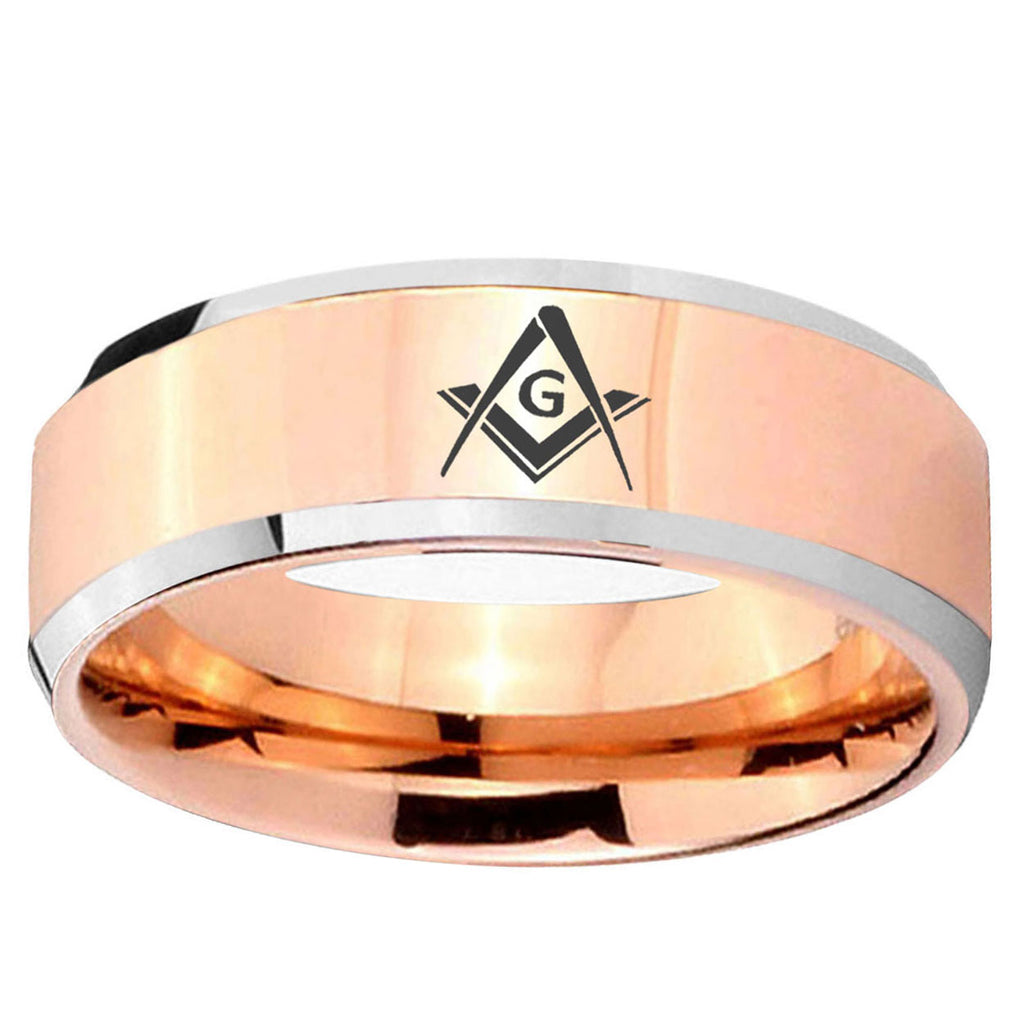 10mm Freemason Masonic Beveled Edge Rose Gold Tungsten Ring