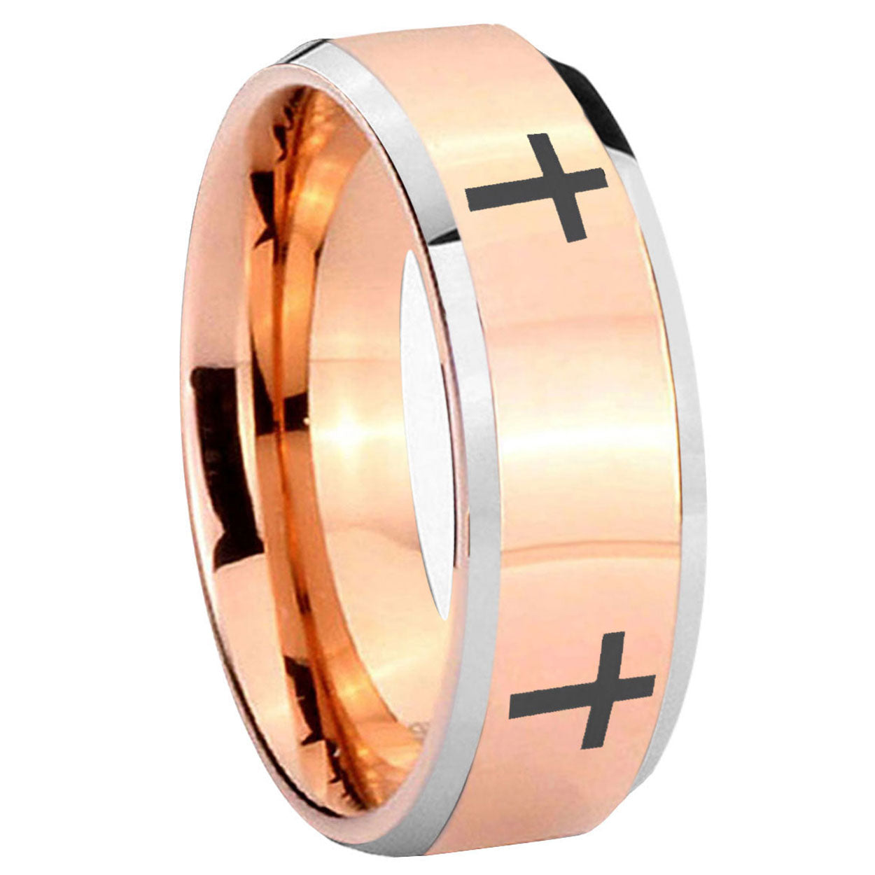 8MM Crosses Beveled Rose Gold Tungsten Ring For Man