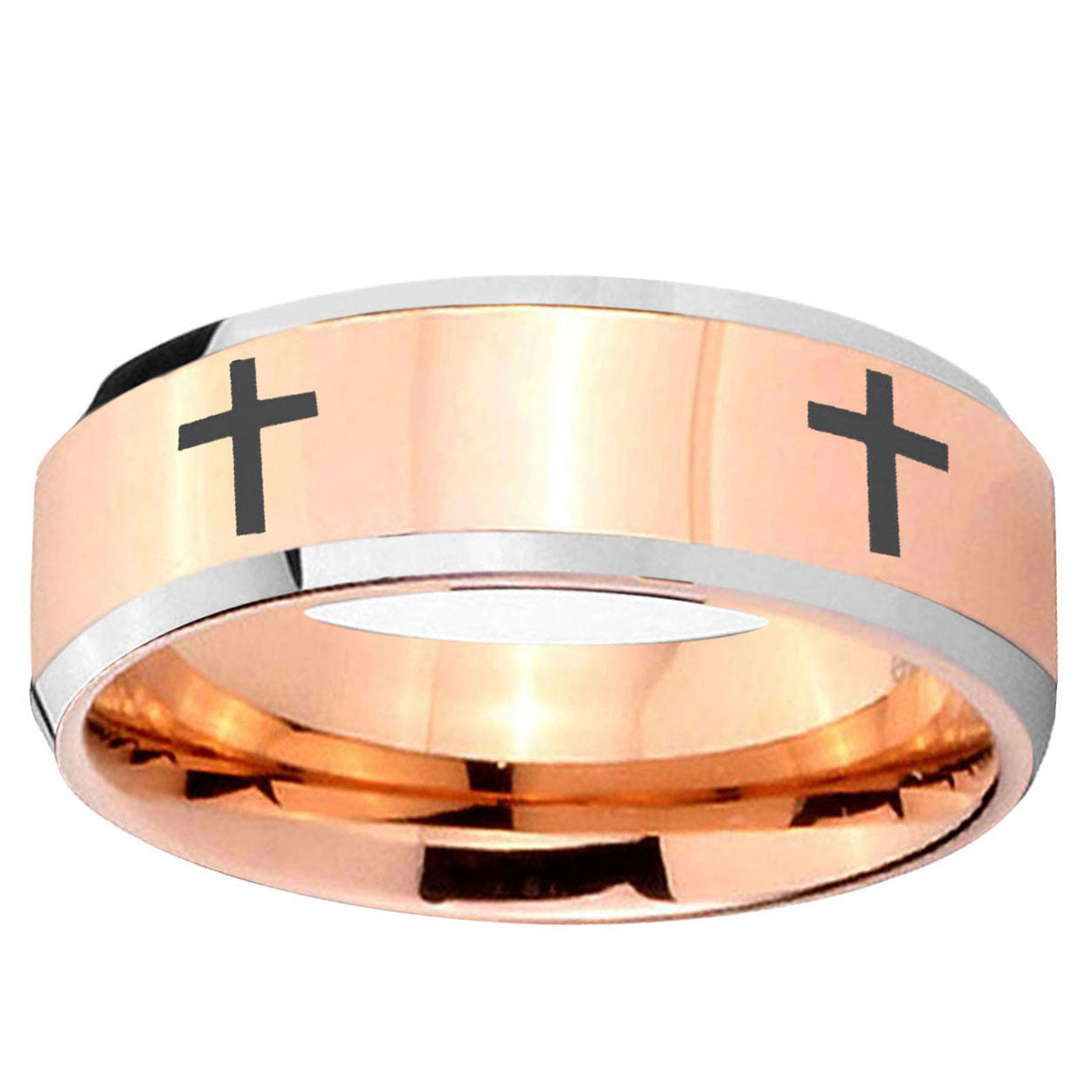 5MM Crosses Beveled Rose Gold Tungsten Ring For Man