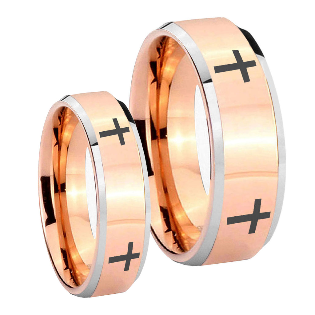 Crosses Beveled Edges Rose Gold Tungsten His Hers Ring Set