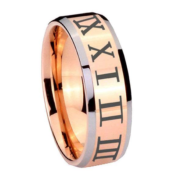 10mm-Roman-Numeral-Beveled-Edges-Rose-Gold-Tungsten-Carbide-Promise-Ring
