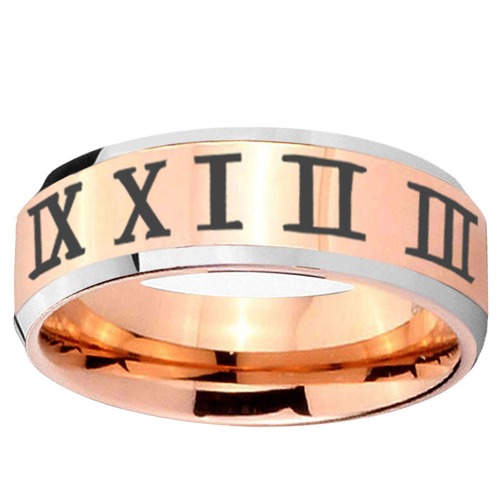 5MM Roman Numeral Beveled Rose Gold Tungsten Custom Ring