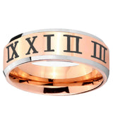 5, 8mm Roman Numeral Beveled Edge Rose Gold Tungsten Ring