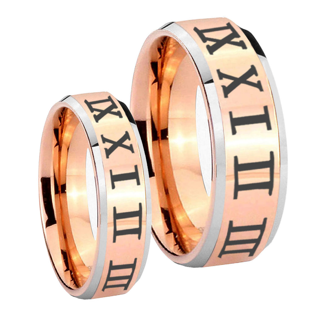 Roman Numeral Beveled Edges Rose Gold Tungsten Bridal Set Rings