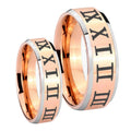 Roman Numeral Beveled Edges Rose Gold Tungsten Bridal Set Rings