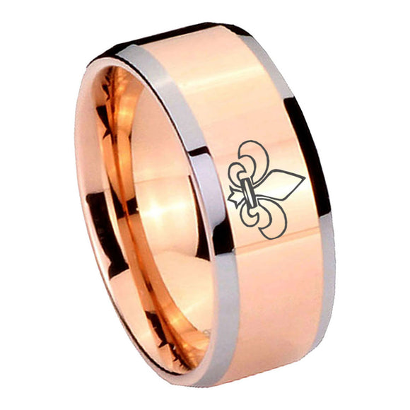 10mm-Fleur-De-Lis-Beveled-Edges-Rose-Gold-Tungsten-Wedding-Bands-Ring