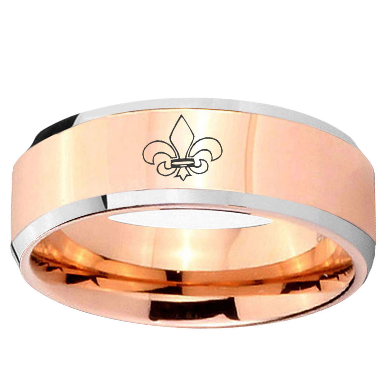 10mm Fleur-De-Lis Beveled Edge Rose Gold Tungsten Wedding Bands Ring