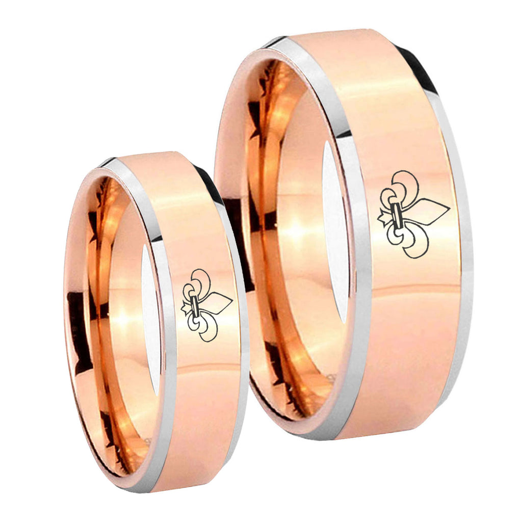 Fleur De Lis Beveled Edges Rose Gold Tungsten Bridal Set Rings
