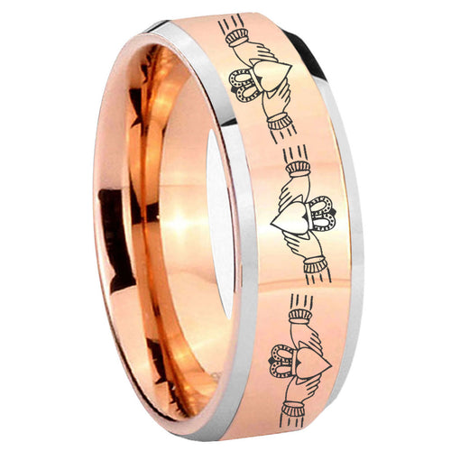 10mm Irish Claddagh Beveled Edges Rose Gold Tungsten Carbide Rings for Men