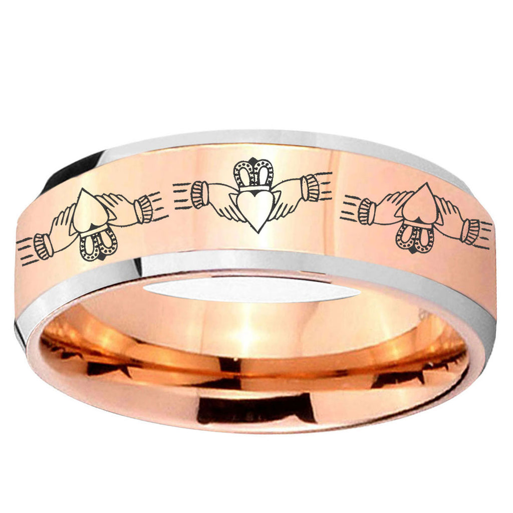 5MM Irish Claddagh Beveled Rose Gold Tungsten Engrave Man Ring