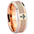 10mm Celtic Cross Beveled Edges Rose Gold Tungsten Carbide Wedding Band Mens