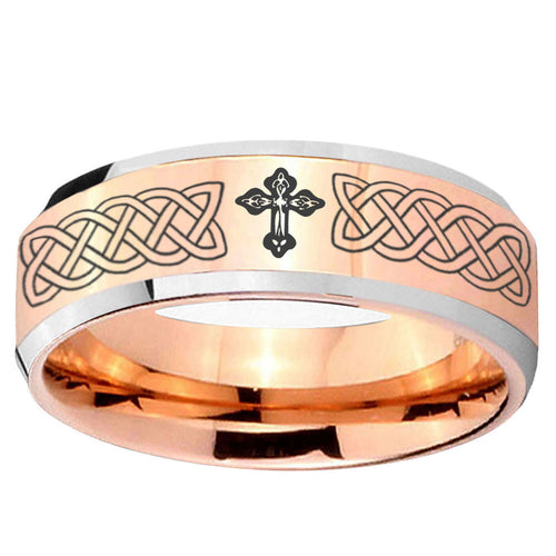 10mm Celtic Cross Beveled Edge Rose Gold Tungsten Ring