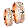 Celtic Cross Beveled Edges Rose Gold Tungsten Bridal Set Rings