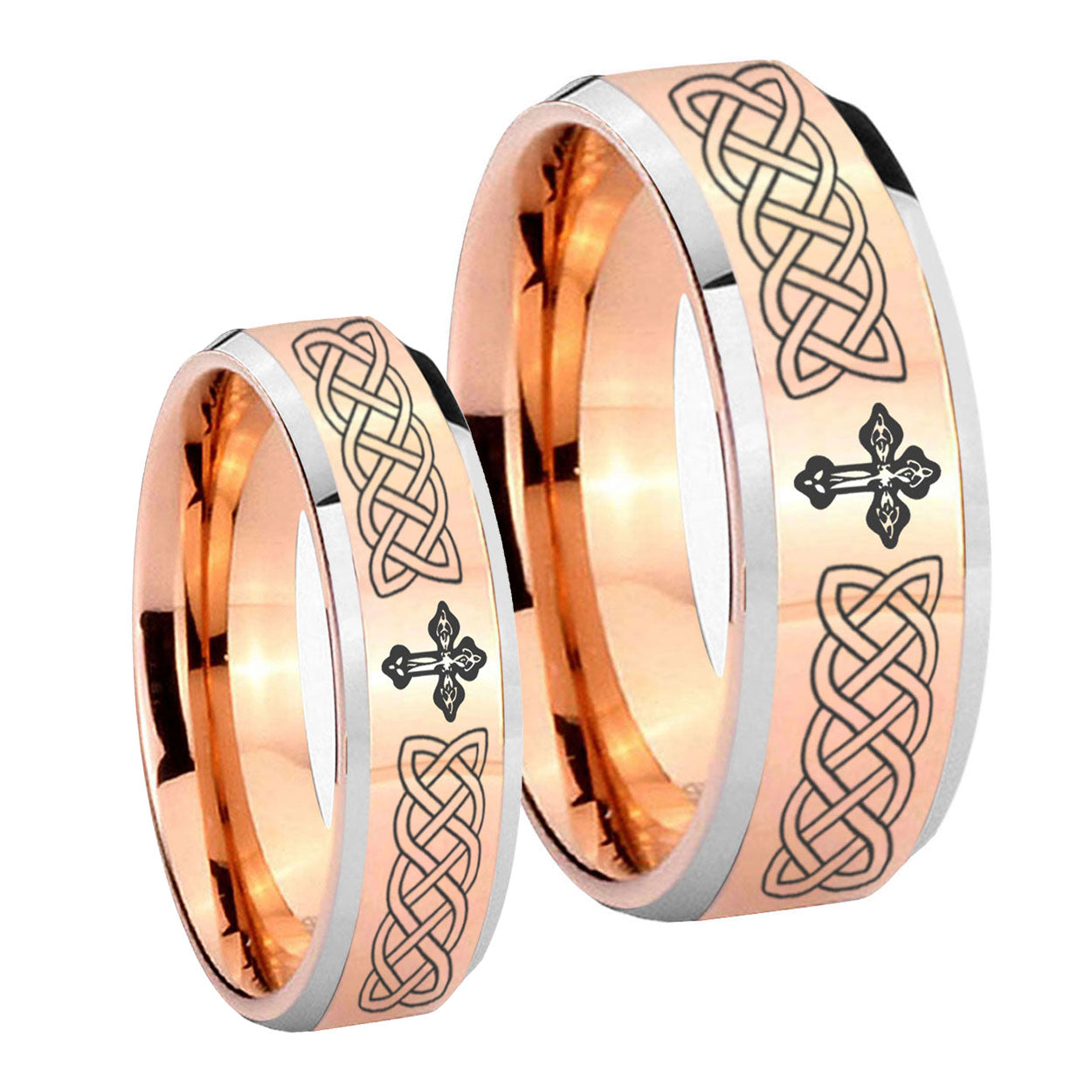 Celtic Cross Beveled Edges Rose Gold Tungsten Bridal Set Rings