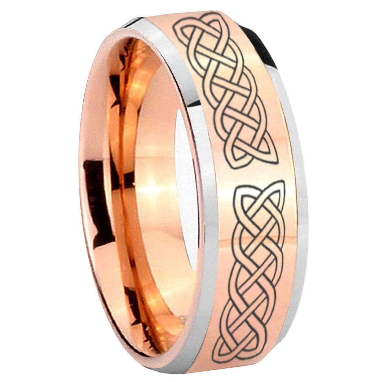 8MM Celtic knot Beveled Rose Gold Tungsten Mens Wedding Rings