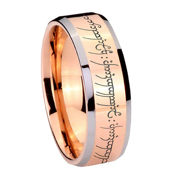 8mm Lord Of The Rings Beveled Edge Rose Gold Engraved Mens Wedding Rings
