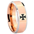 8MM Maltese Cross Beveled Rose Gold Tungsten Ring Men