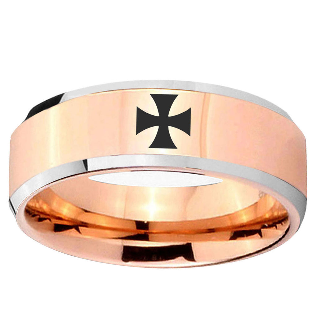 5MM Maltese Cross Beveled Rose Gold Tungsten Ring Men