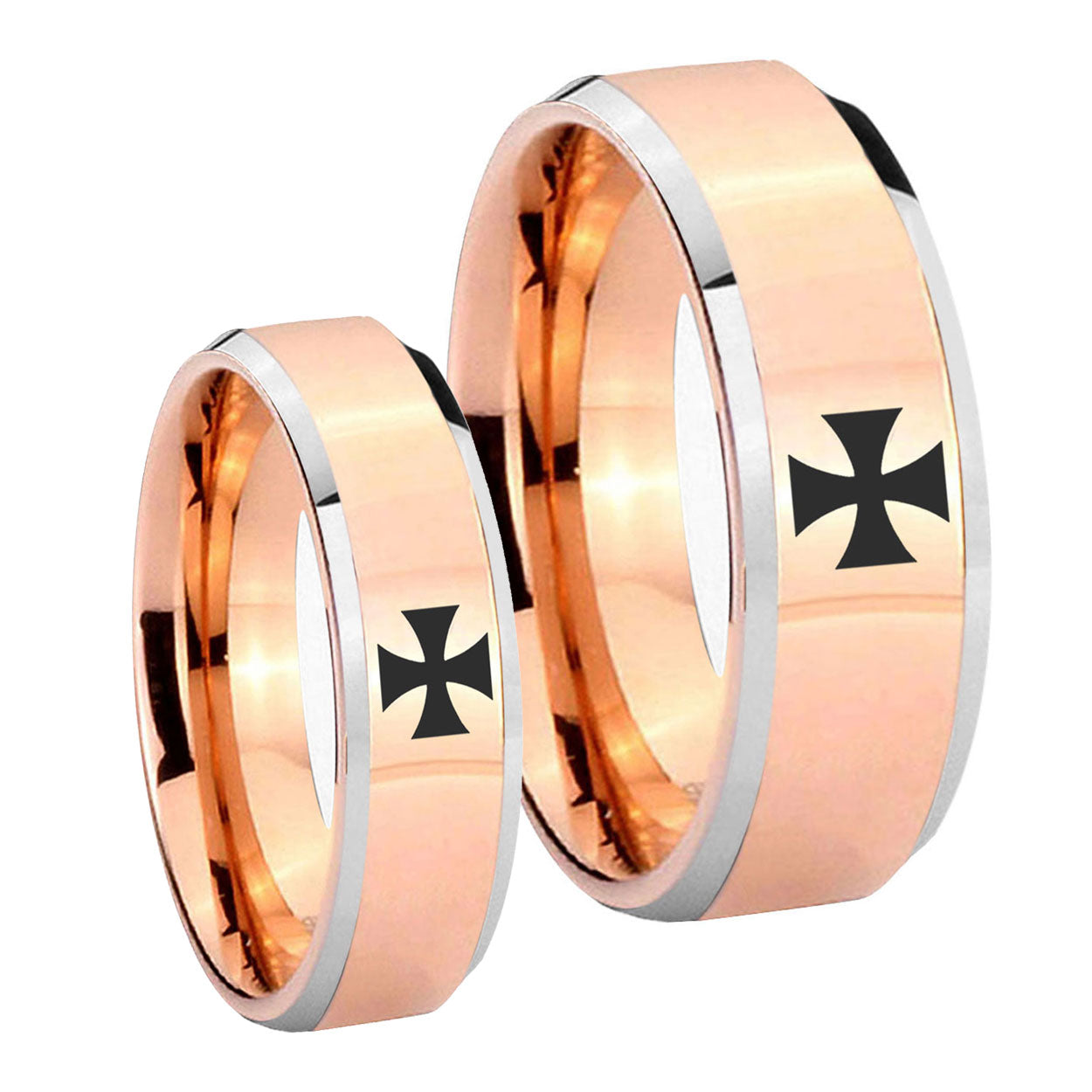 Maltese Cross Beveled Edges Rose Gold Tungsten Couple Wedding Rings