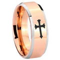 10mm Christian Cross Beveled Edges Rose Gold Tungsten Carbide Anniversary Ring