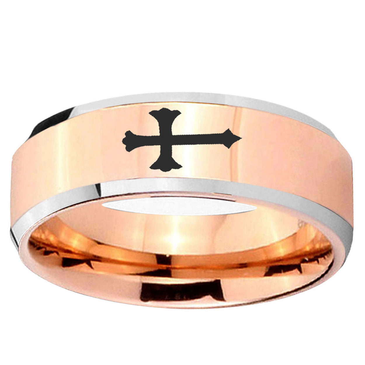 5MM Christian Cross Beveled Rose Gold Tungsten Promise Ring For Men